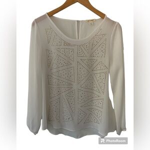 White Long Sleeve Blouse with Beaded Embellishments in Size Small